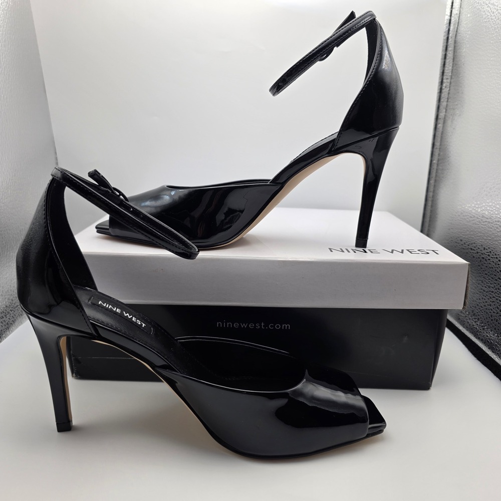 Nine West Grana3 Black Patent Ankle Strap Peep Toe Stiletto Heels 7.5 M